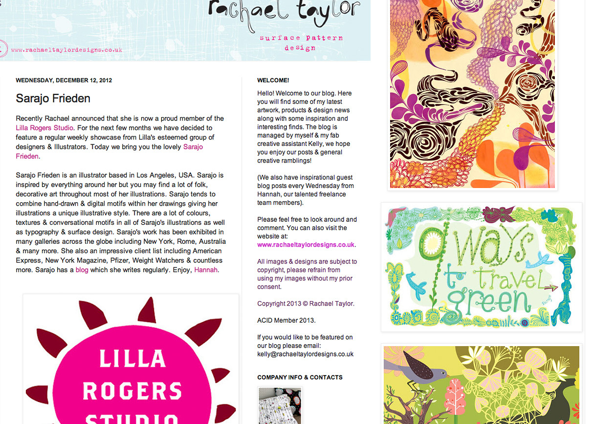  To celebrate joining the Lilla Rogers Studio, Rachel Taylor has been featuring the agency's designers &amp; illustrators on her blog. So pleased to be one of them, and welcome Rachel!&nbsp;  link  