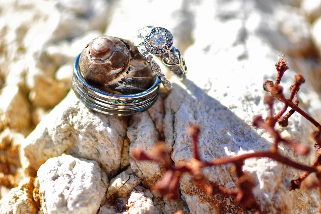 Tungsten Carbide ring with abalone inlay and moissanite wedding ring set on the beach with seashells