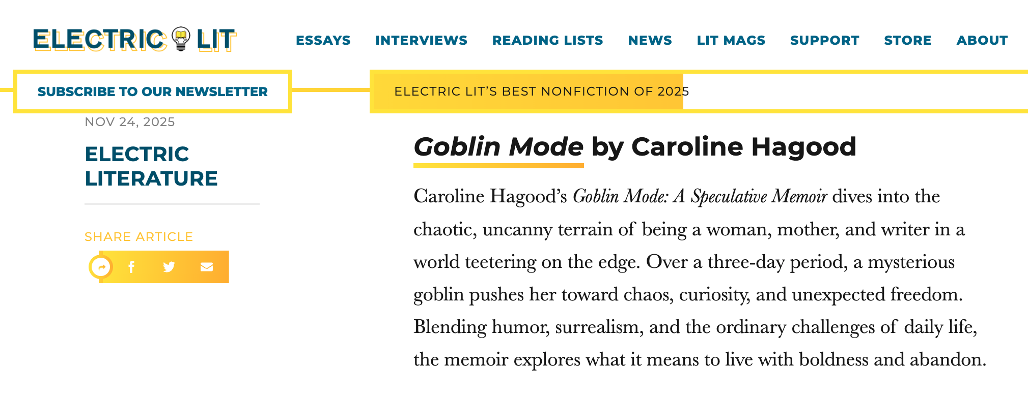 Goblin Mode Featured on Electric Literature's Best Nonfiction of 2025