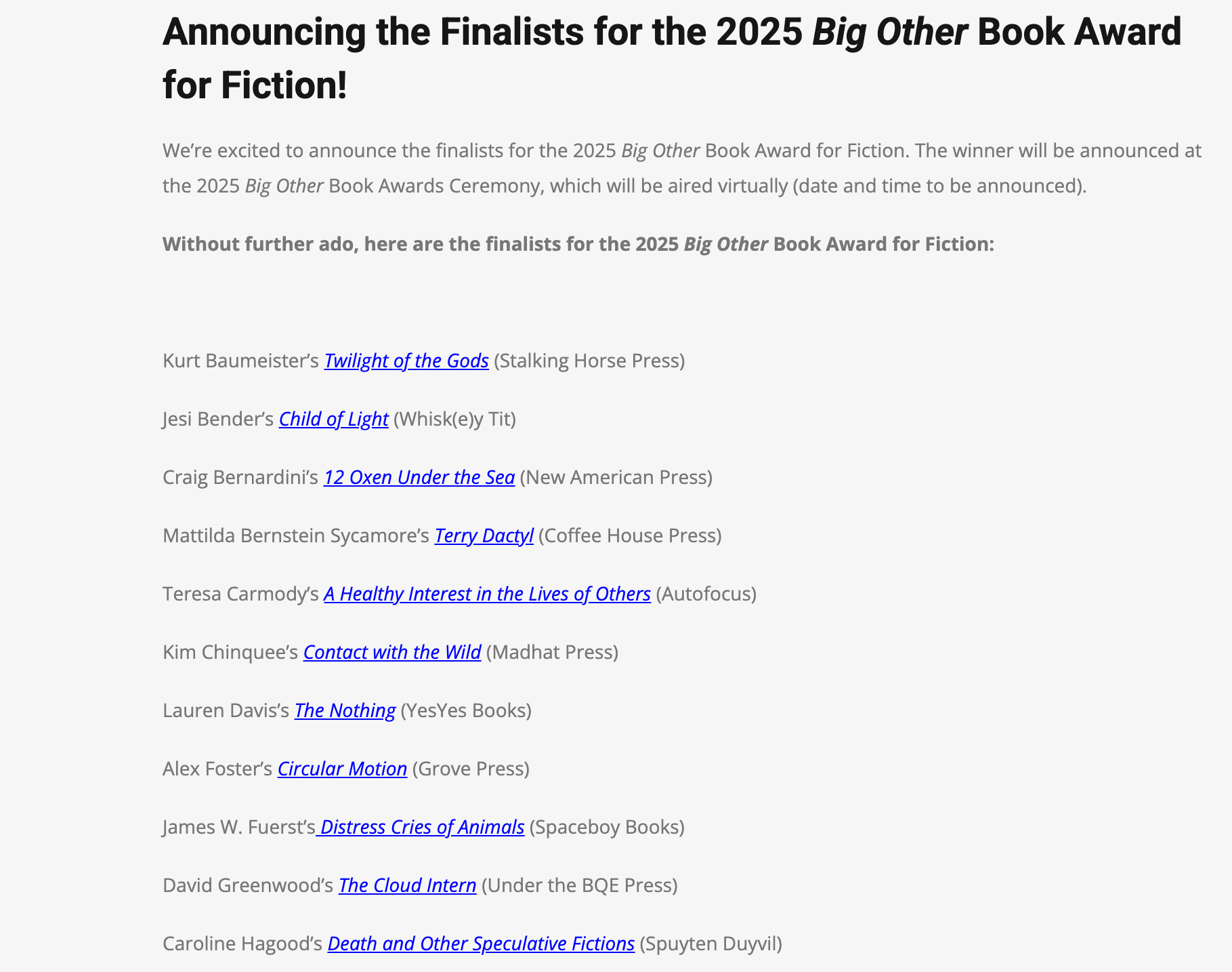 Death and Other Speculative Fictions a Finalist for the 2025 Big Other Book Award for Fiction
