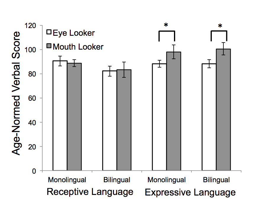 6- to 12-month-old monolingual and bilingual infants who preferentially looked at the speaker's mouth had higher age-normed expressive language skills than infants who preferentially looked at the eyes. 