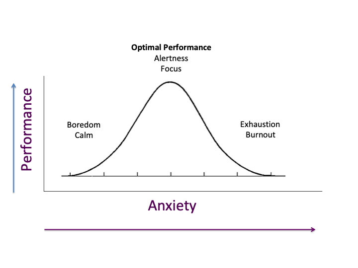 Bell-shaped curve demonstrating relationship between anxiety and performance as proposed by Yerkes and Dodson (1908). Graphic by A. Guha.