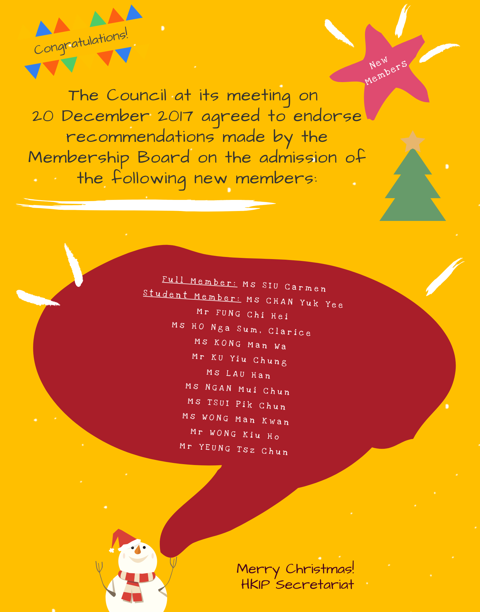 Announcing New Members (21 December 2017)