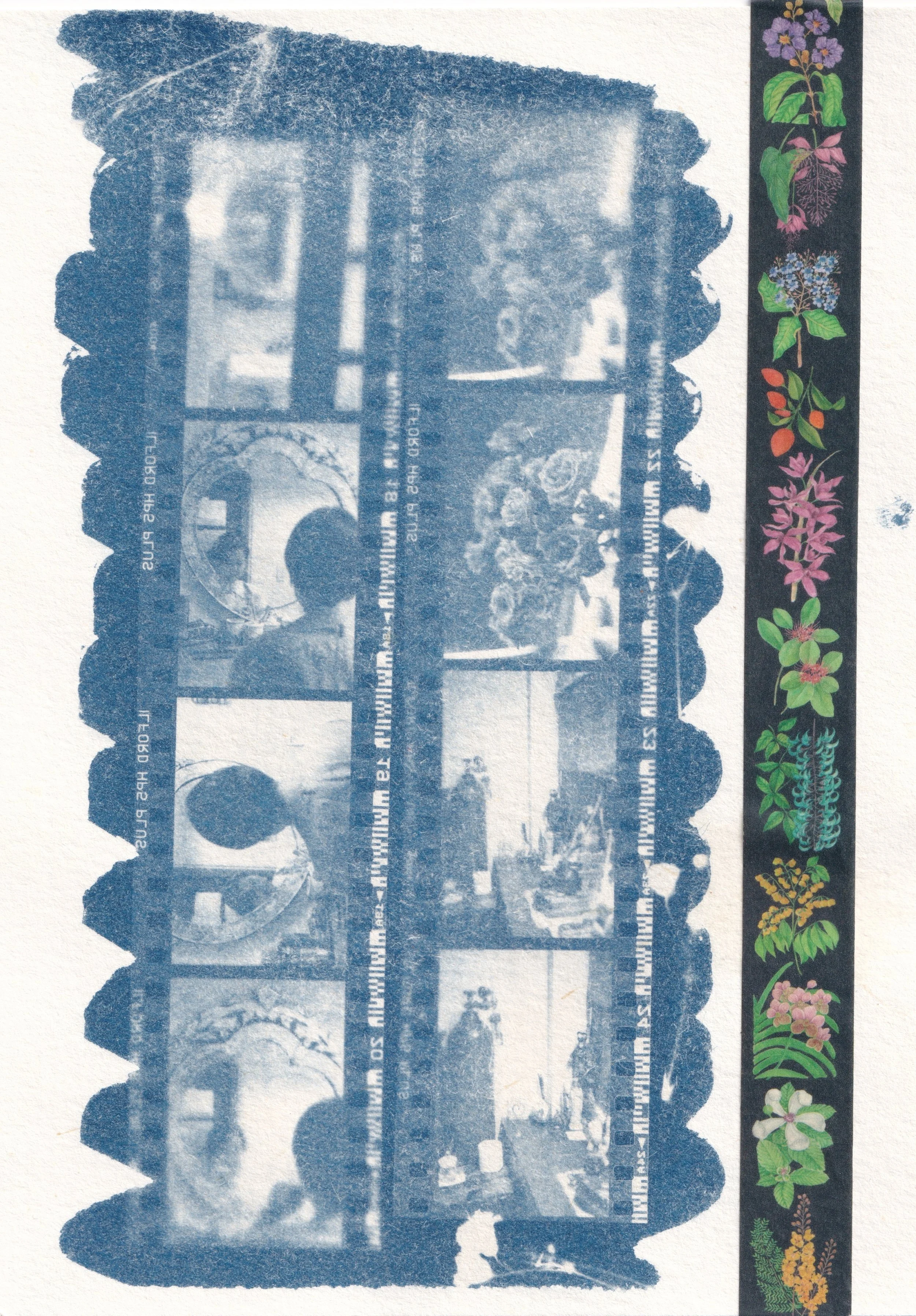  cyanotype print made with 35mm film negatives from 2019 and washi tape by Cynthia Bauzon-Arre   created during a workshop by Niko Bronto in august 2026  