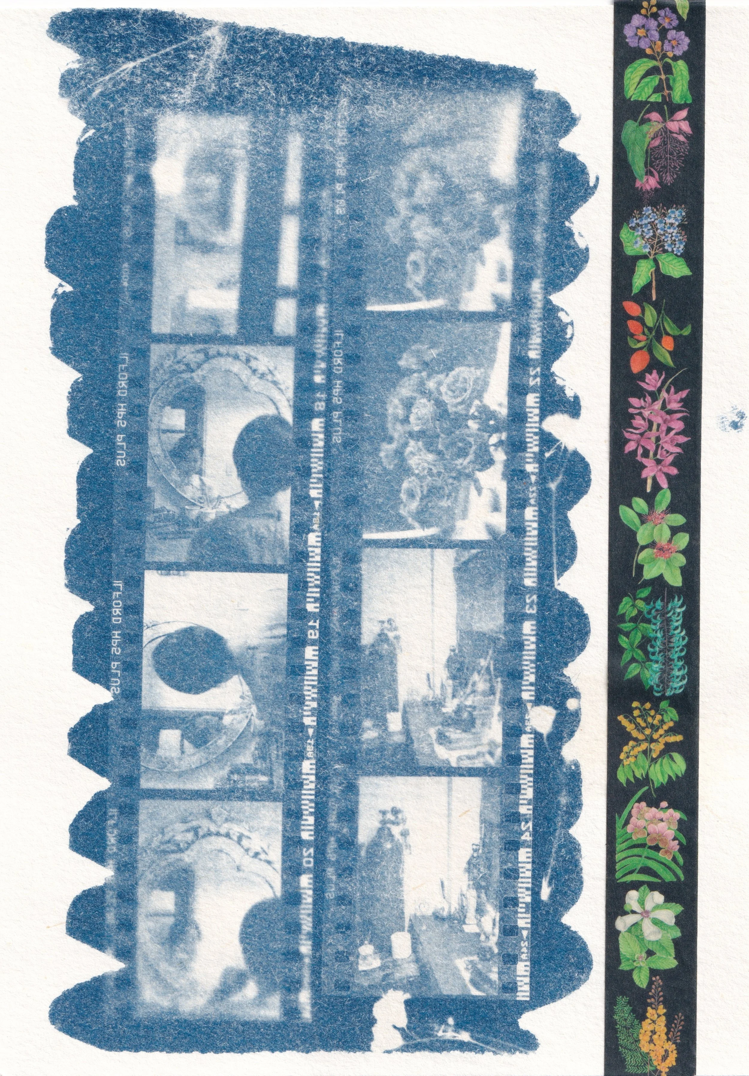  cyanotype print made with 35mm film negatives from 2019 and washi tape by Cynthia Bauzon-Arre   created during a workshop by Niko Klasiko in august 2026  
