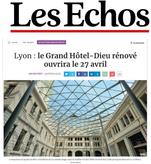 L'agence Majorelle citée dans un article du journal Les Échos consacré à l'ouverture prévue le 27 avril prochain du Grand Hôtel-Dieu à Lyon. Ce projet est la plus grande rénovation privée jamais réalisée d'un monument historique en France. Majorelle a conçu tous les aménagements du cabinet PwC, qui installera sa division Lyonnaise sur 3 des étages de ce lieu historique. Des concepts d'aménagements uniques, qui ont été un véritable défit en termes d’architecture intérieure. Lire l'article...