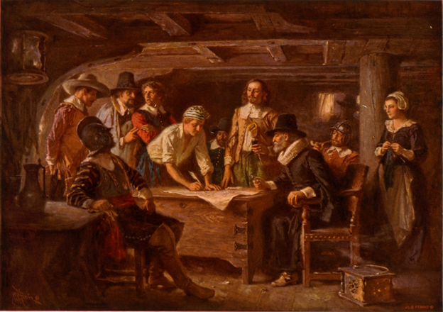 Signing the Mayflower Compact 1620 , a painting by Jean Leon Gerome Ferris – 1899 – Library of Congress