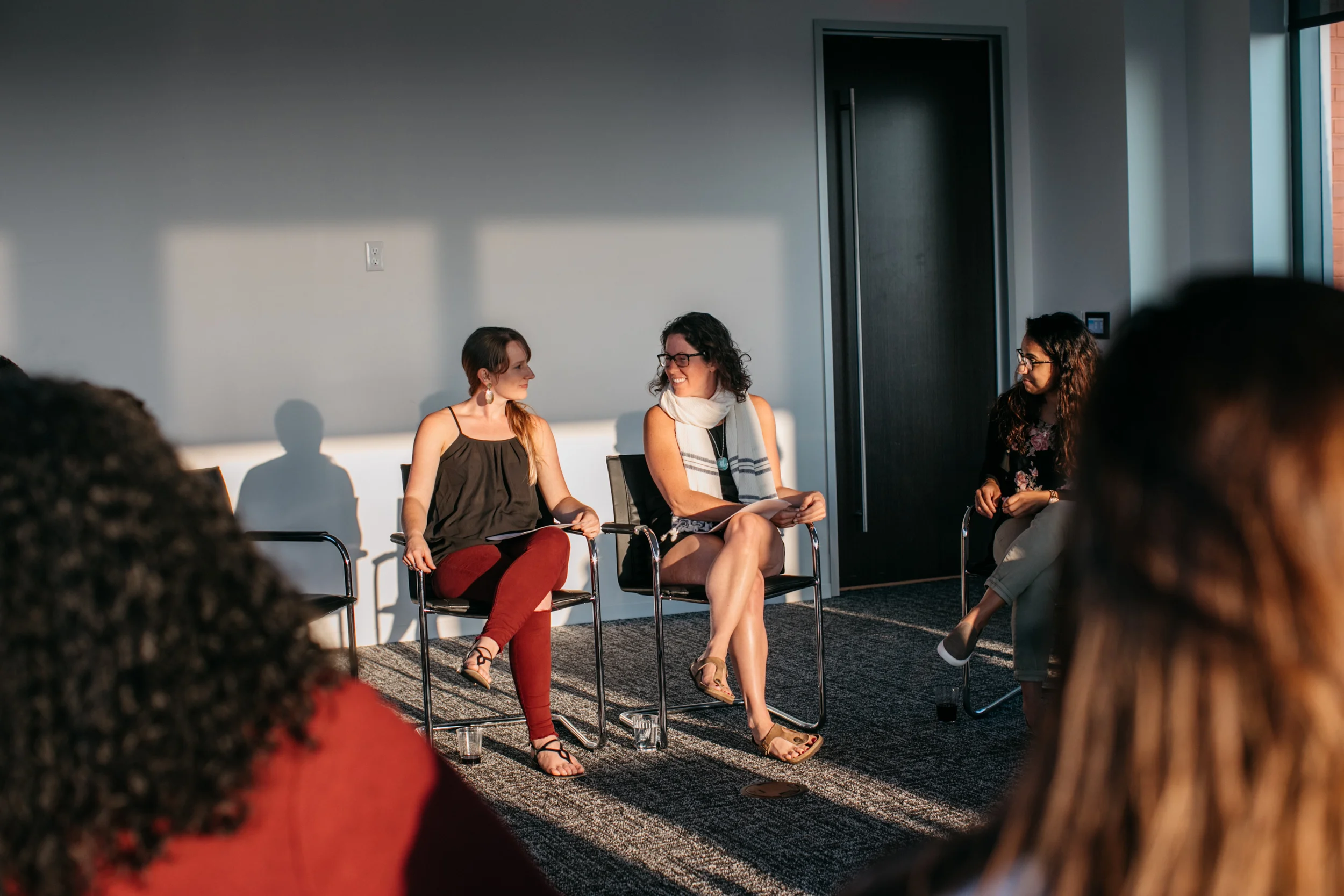 From left to write: Life Coaches Megan Morrison and Catherine Wood chatting over their “nervousness” from leading their first all women’s Authentic Relating Games.