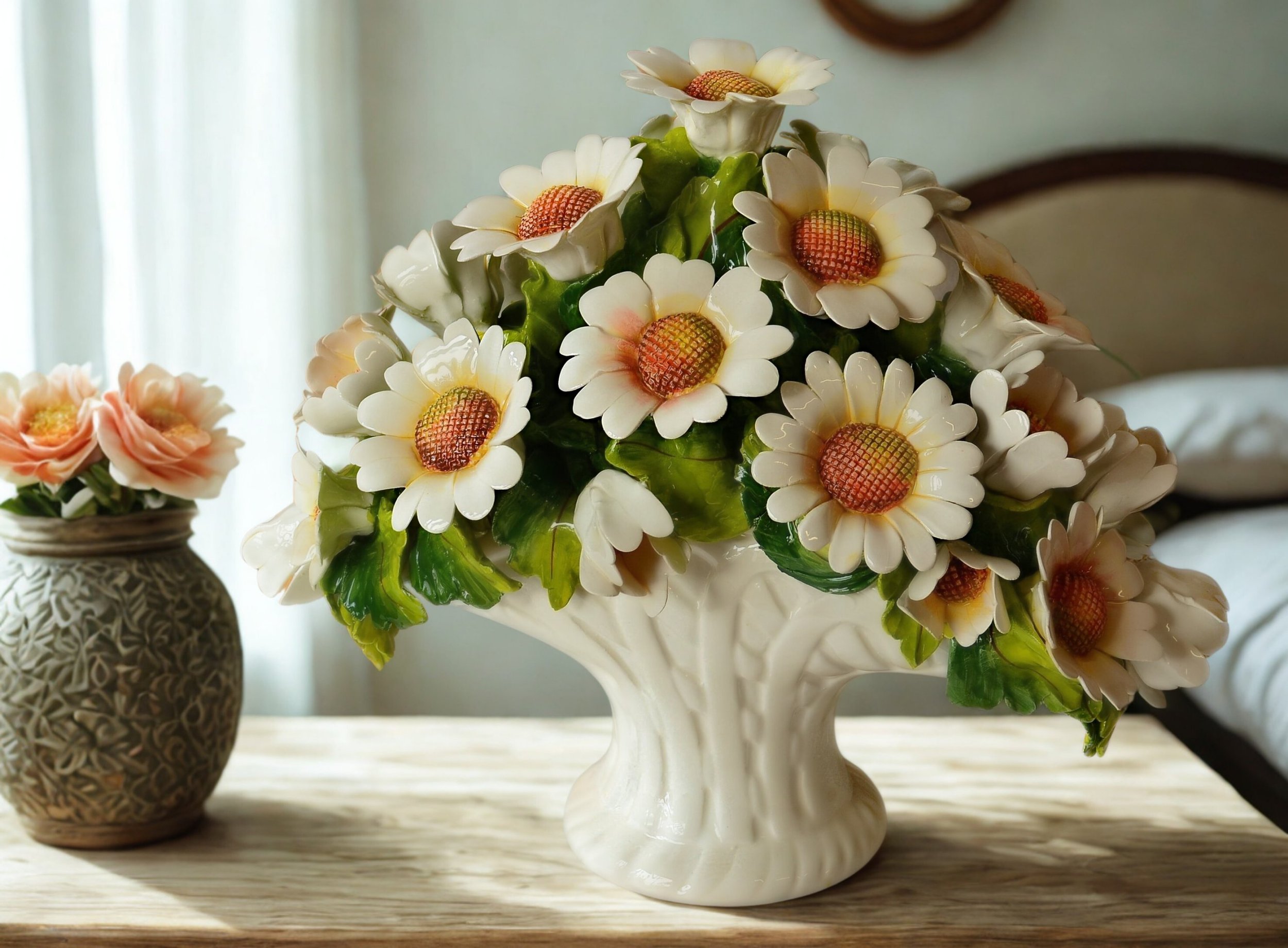 Ceramic basket with daisy flowers