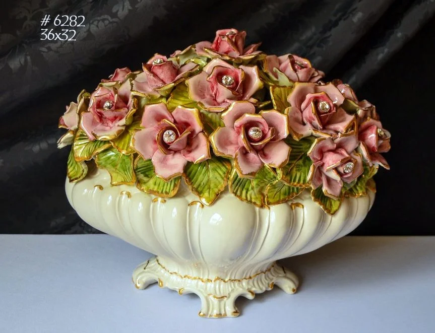 Chandeliers, Vases & Ceramic Decor with Applied Roses — Hand-Decorated ...