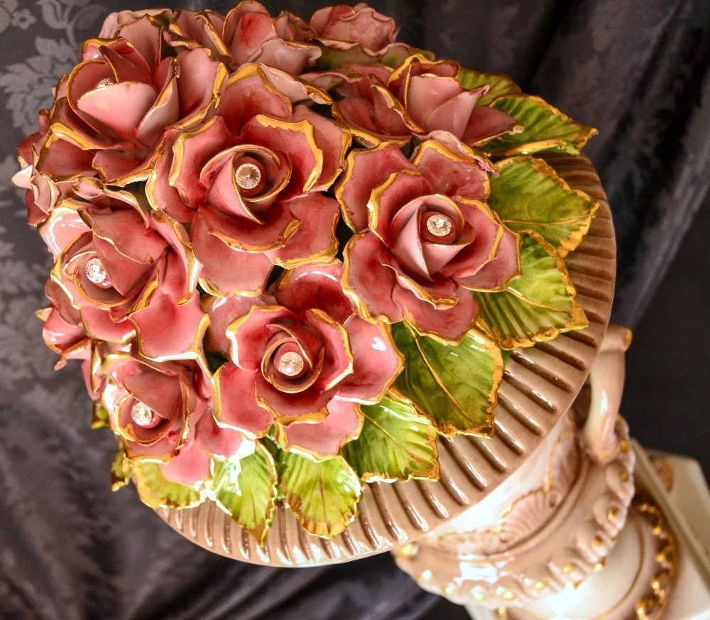 Chandeliers, Vases & Ceramic Decor with Applied Roses — Hand-Decorated ...