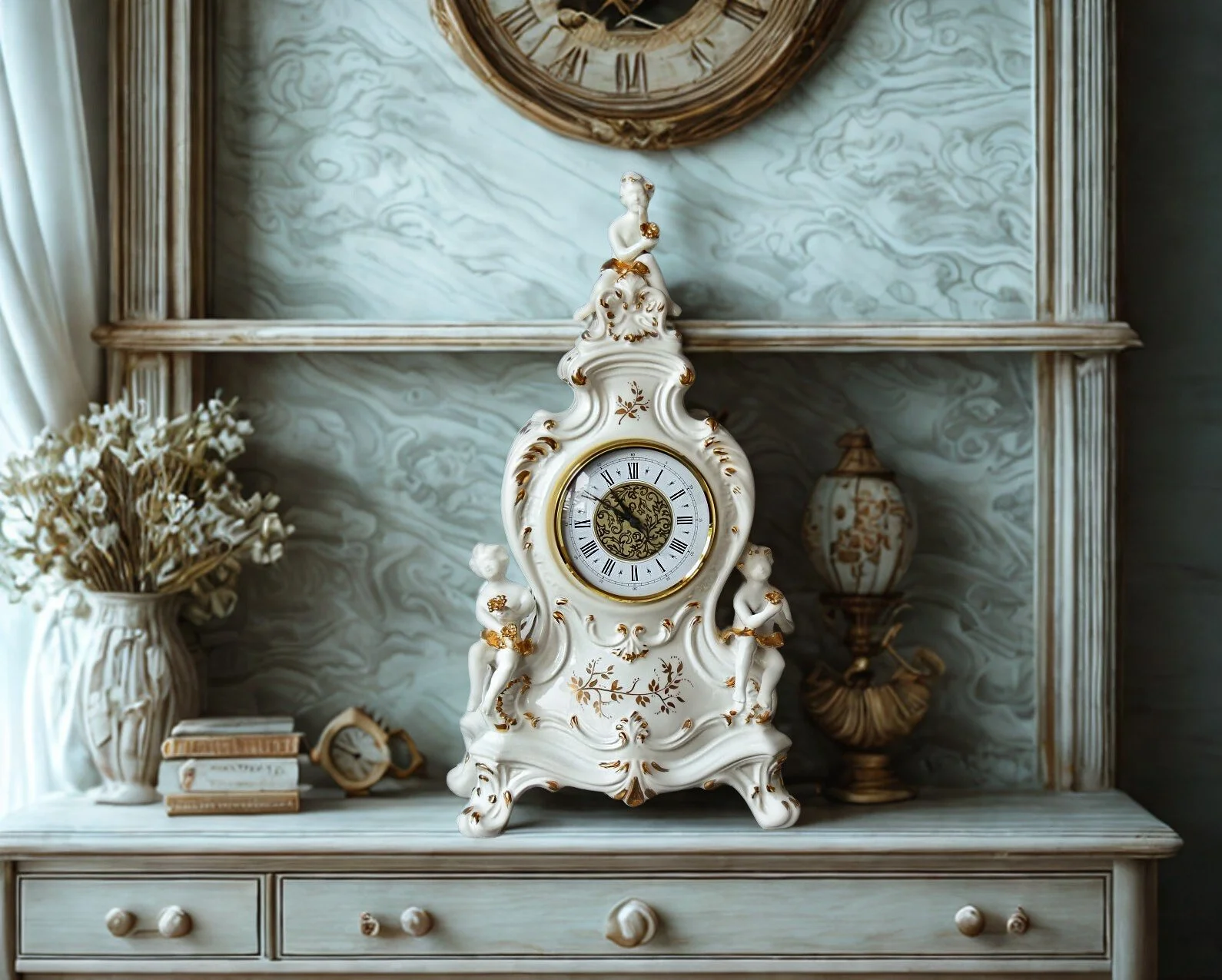 orologio in ceramica con amorini e oro