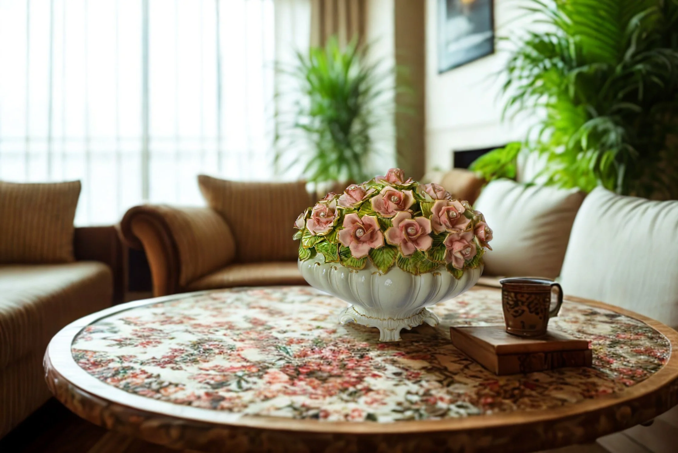 cesto con rose decorate in ceramica