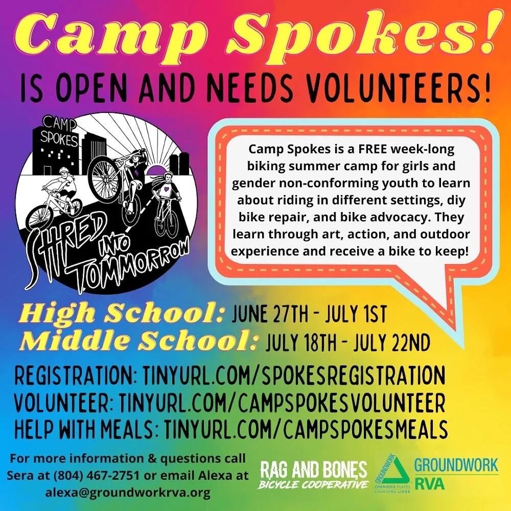 🔴Camp Spokes is here and needs volunteers!
🟠Camp Spokes is a weeklong free summer camp for girls and gender nonconforming youth to learn about bikes through art, action, diy repair, workshops and outdoor excursions. They get a bike to keep at the e