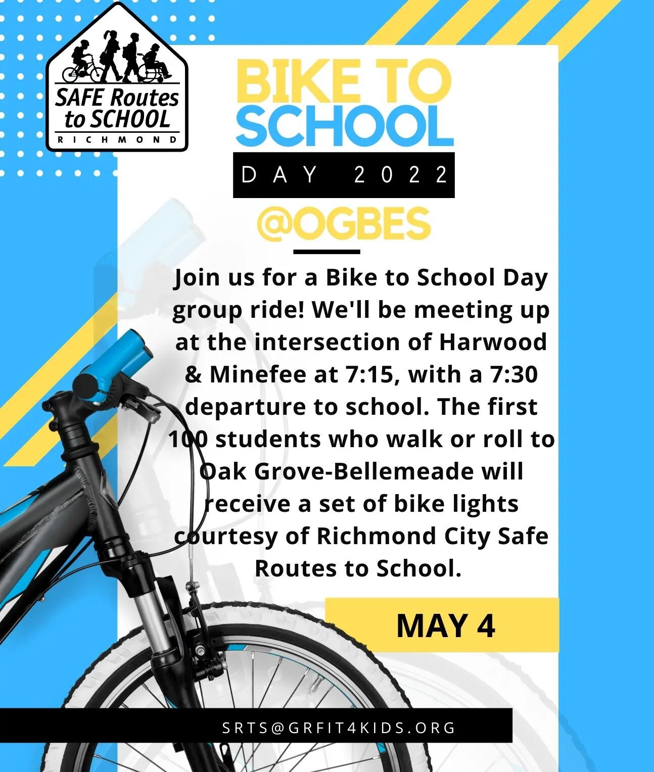Tomorrow!! Join us for Bike to school day, as part of @bikewalkrva Bike month! We will be leading a group ride from Hillside court to Oak Grove-Bellemeade Elementary. The first 100 kids to bike or walk to school will receive a free set of bike lights