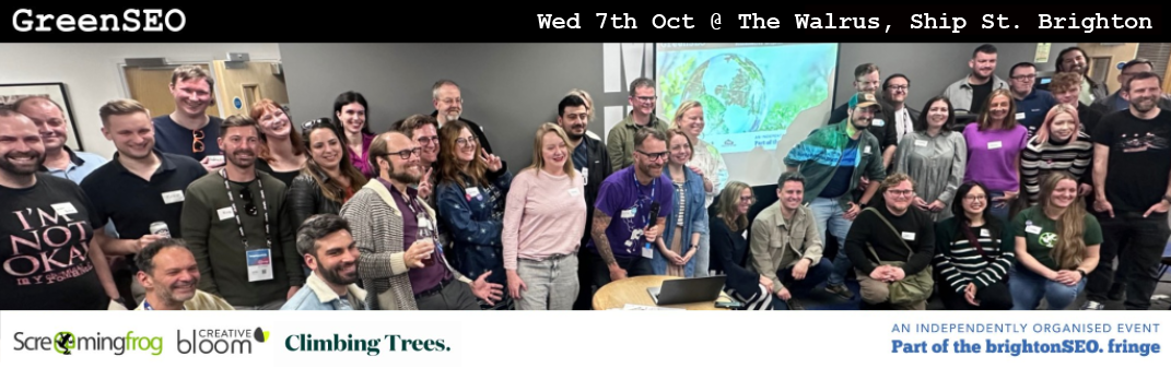 Banner featuring sponsor logos and group photo from a previous GreenSEO event