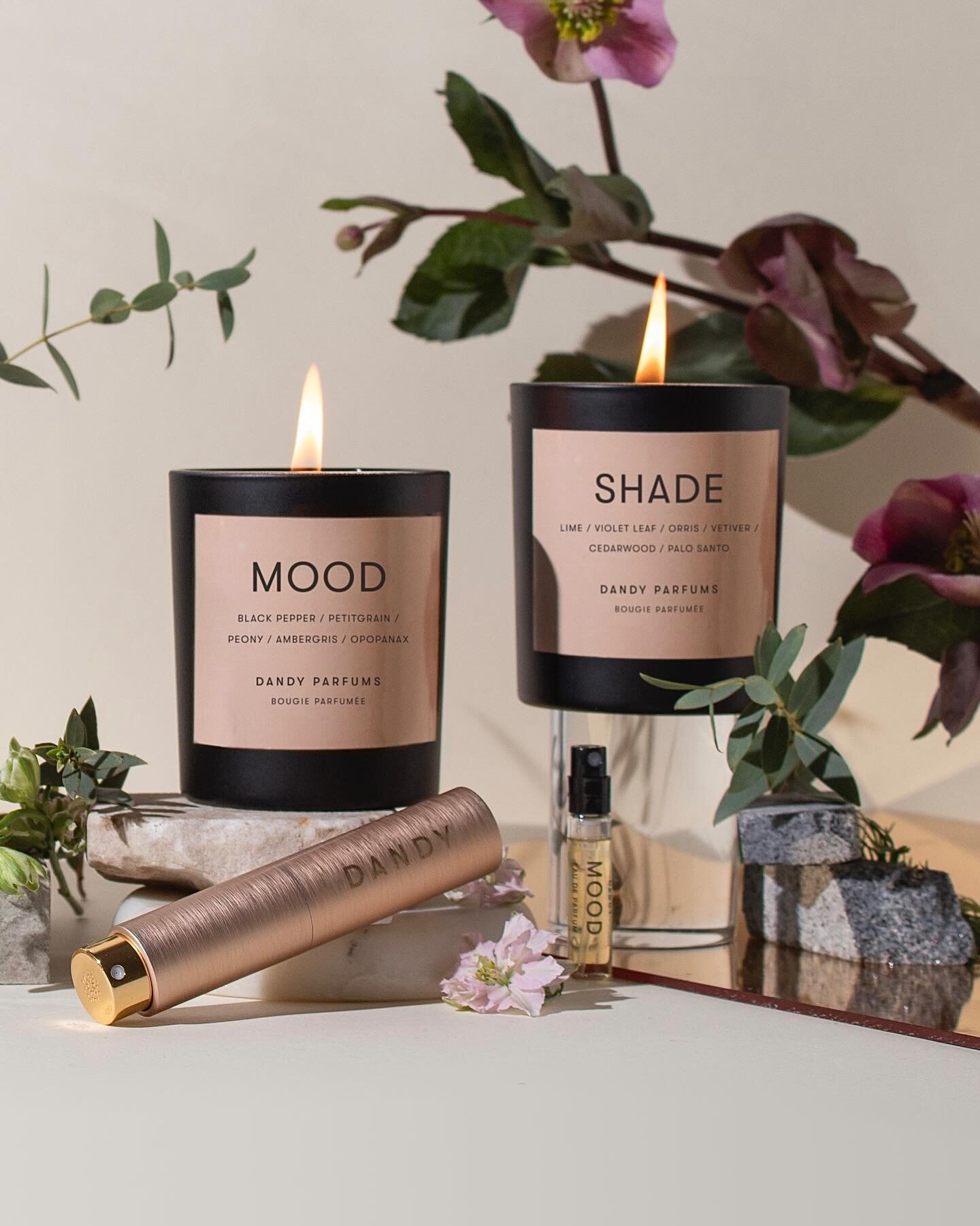 Our candle collection features unique takes on some of our favorite scents of spring. 

MOOD candle has fresh, soft notes of peony blooms blended with spice, incense, and musk.

SHADE candle features the humble spring violet with green notes of viole