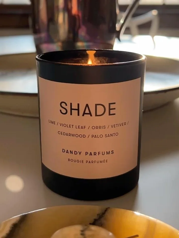 Candle season hero. Lush violets, fresh lime, grounding vetiver and palo santo. SHADE candle is enigmatic addition to any space. All candles ship with two complimentary perfume samples.