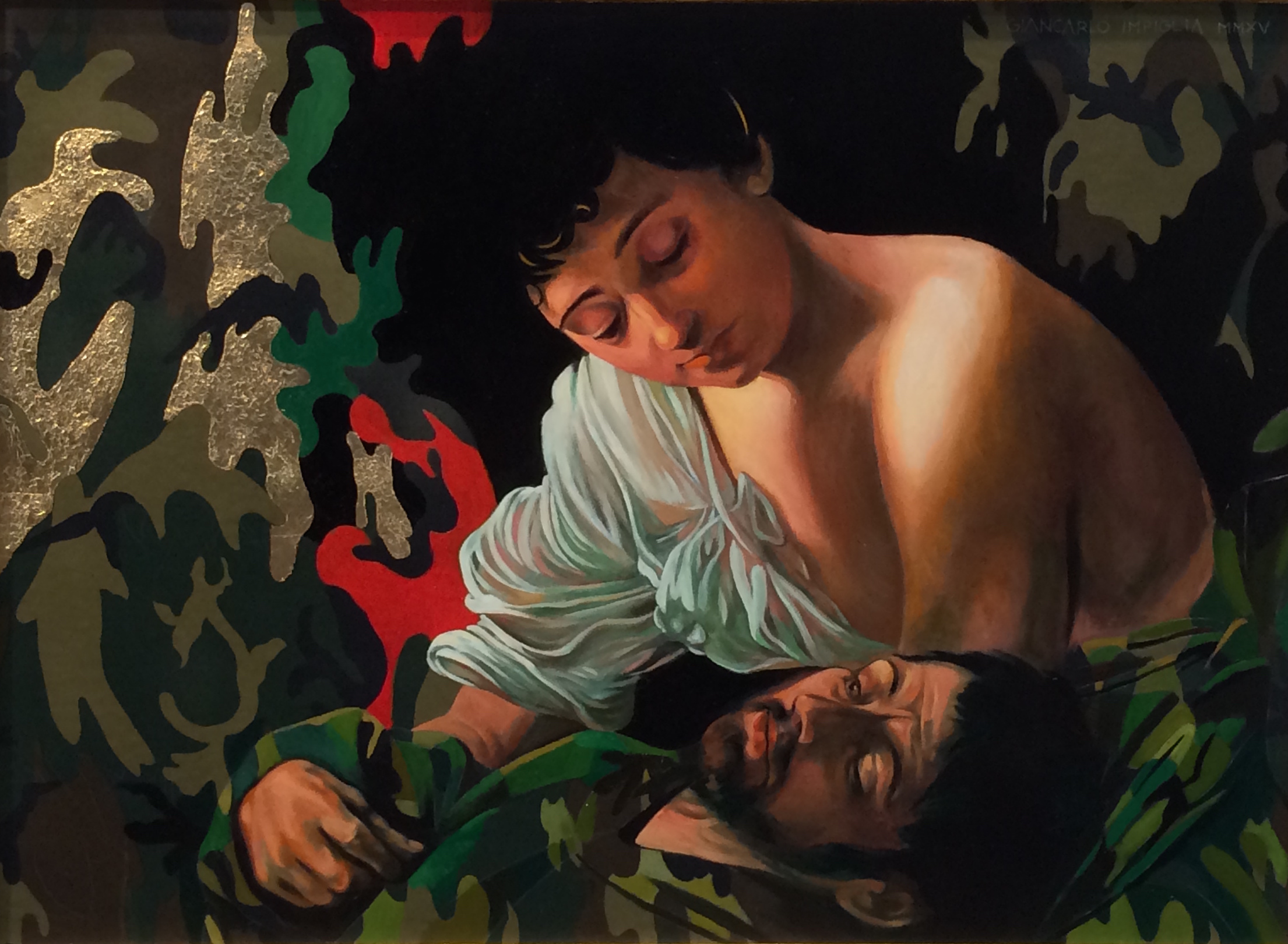   The Embrace , 2015, Oil and gold leaf on camouflage canvas, 33 x 23" 