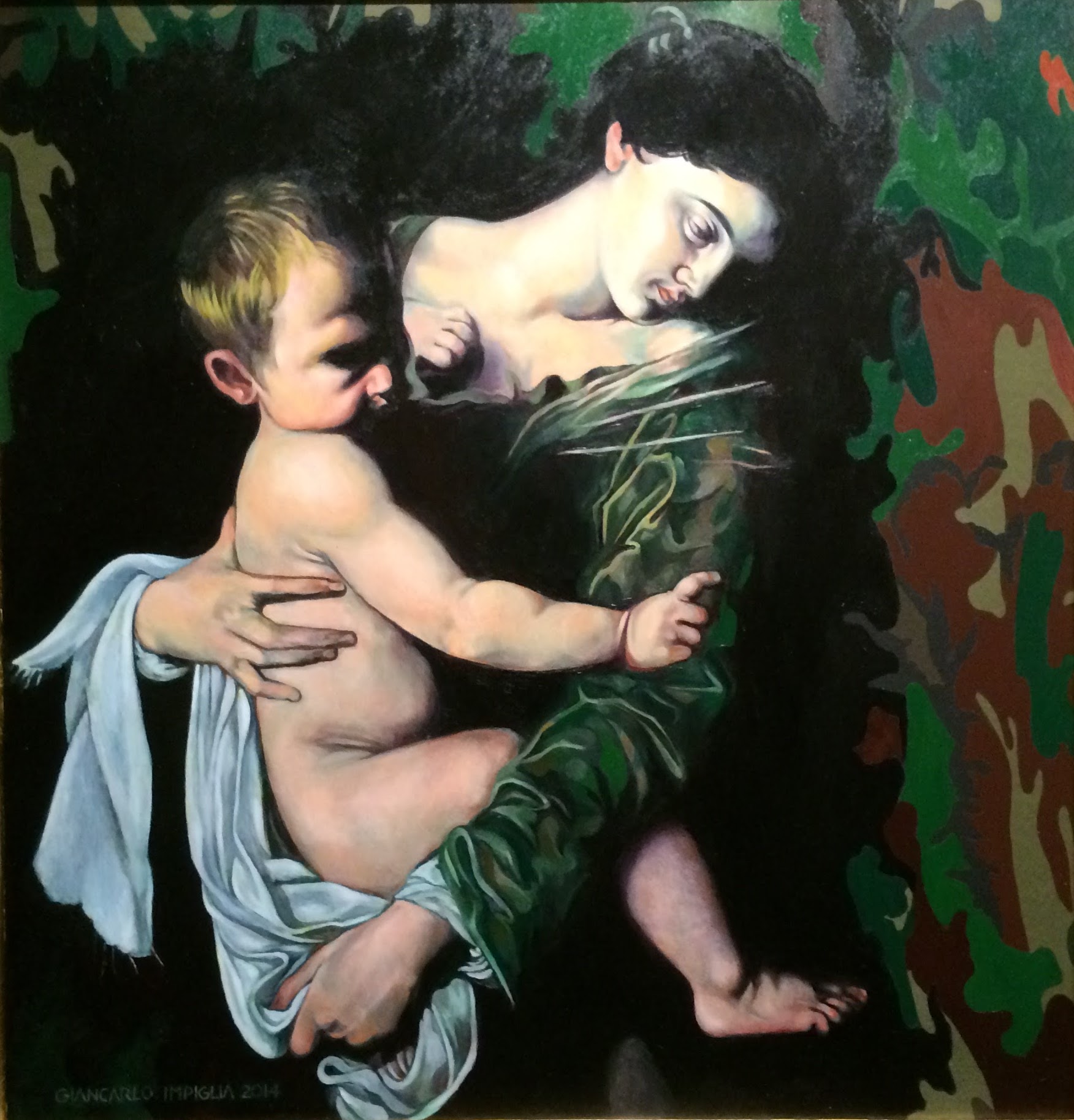   Mother and Child , 2014, Oil on camouflage canvas, 34 x 36" 