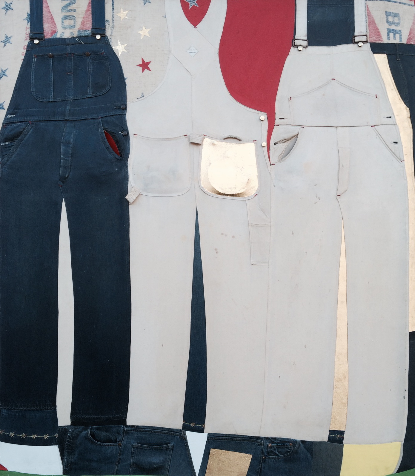   White, Blue, White, Red, and Gold ,   1968–73, mixed media assemblage, 62 x 70" 