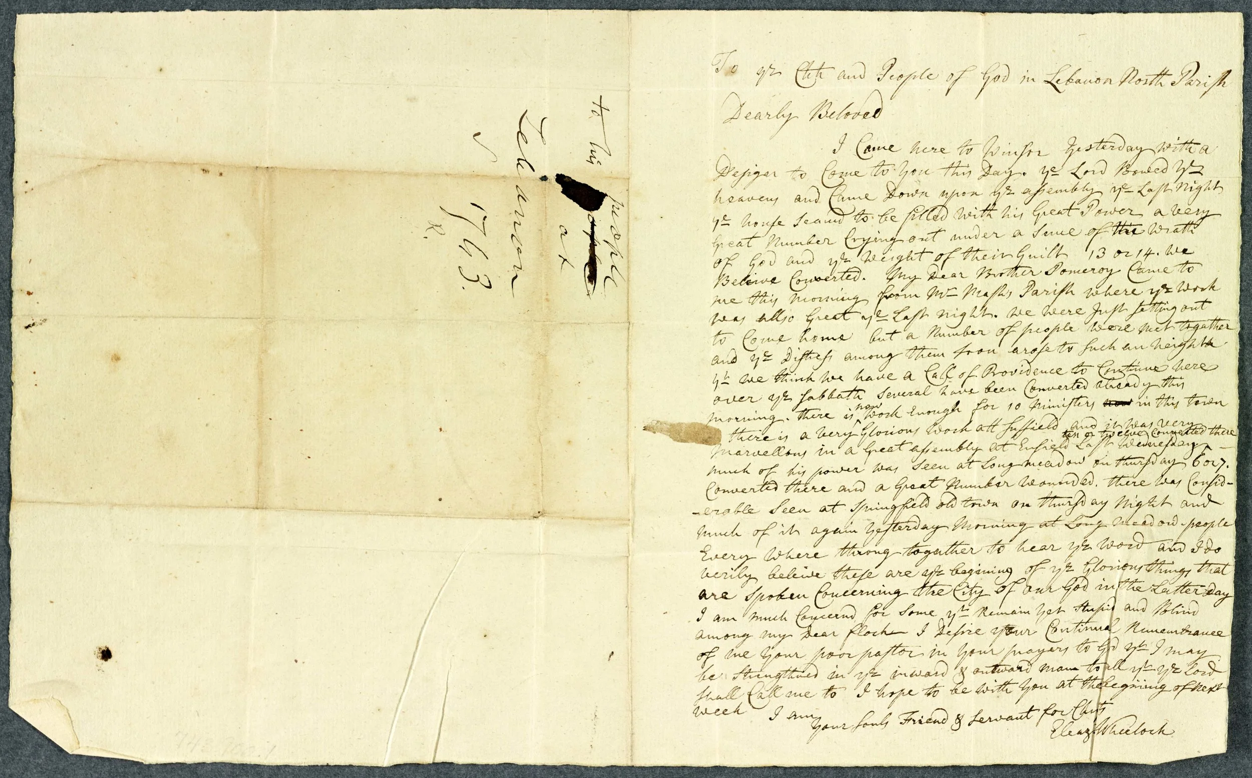 Eleazar Wheelock to the North Parish Church, July 11, 1741. Courtesy of Dartmouth College Library.