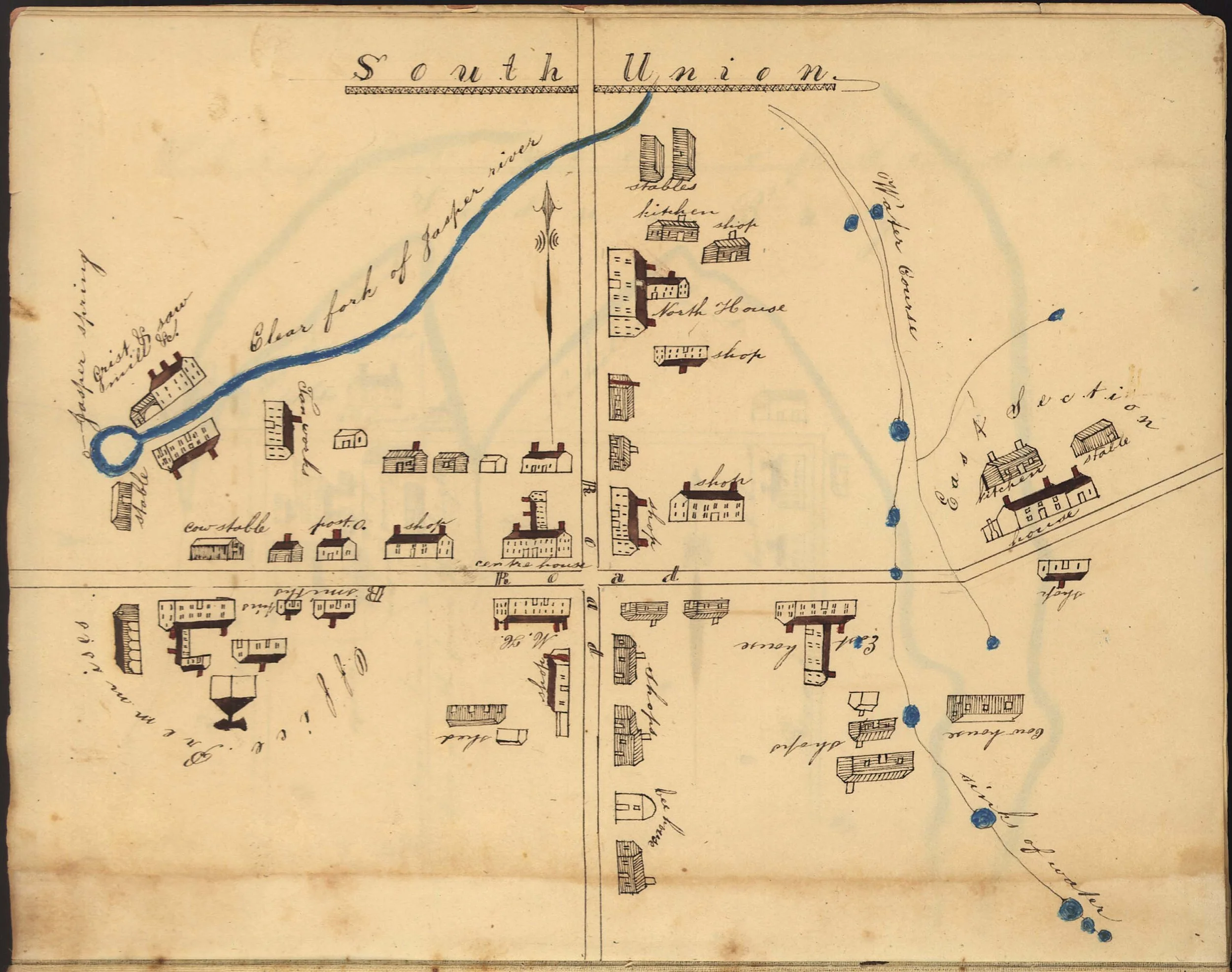 Callaway spent his last years in the East Section dwelling house at South Union Shaker village, near Bowling Green, Kentucky. Isaac N. Young and George Kendall, “Sketches of the various Societies of Belivers in the states of Ohio & Kentucky,” 1835, Geography and Map Division, Library of Congress, Washington, D.C.