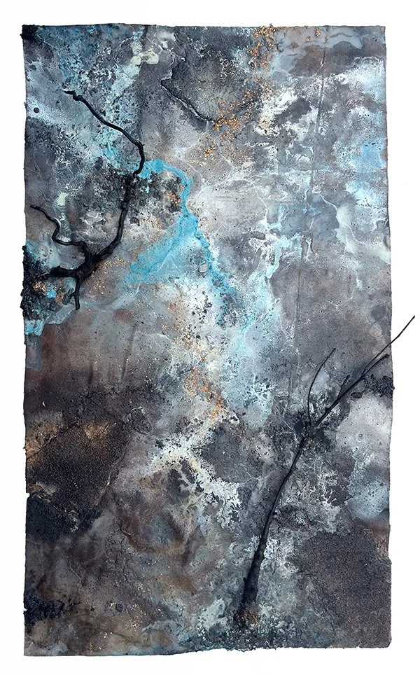 LowRes_TetheredToTheEchosOfYou_Inkcharcoalembersfoundobjectschalkonburiedcanvas_39-5x27inches_2025_highres_TrimmedBranch.jpg
