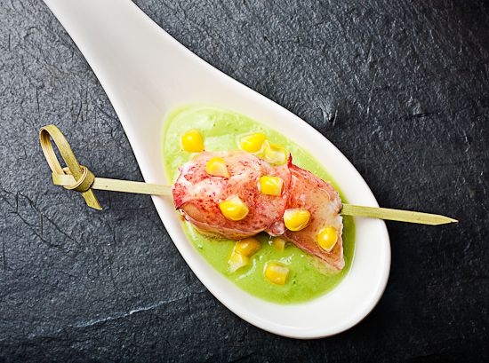 Chilled avocado soup with lobster and prawn