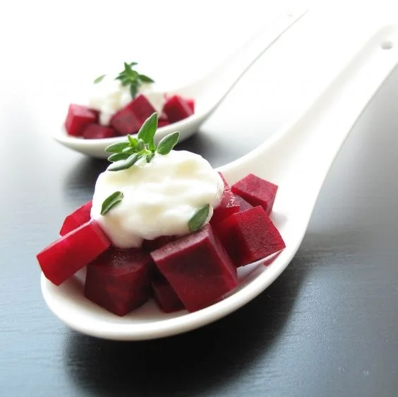 Beetroot with a creamy goat cheese and thyme dressing