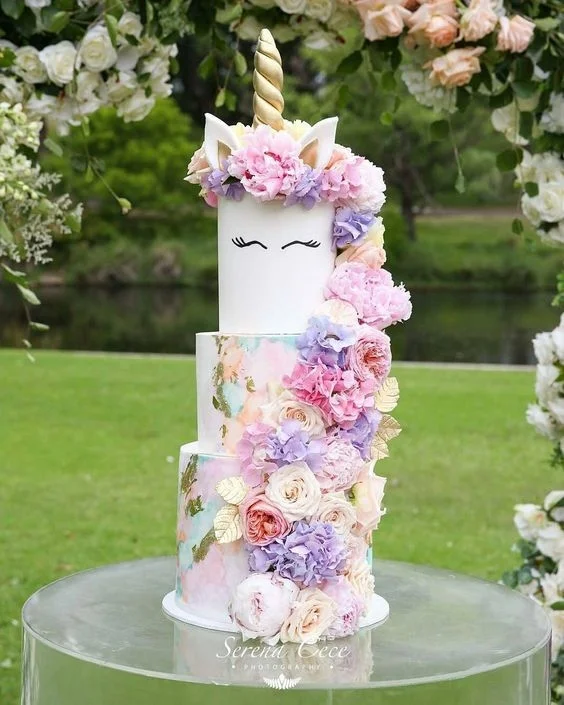 Three Tier Floral Unicorn Cake