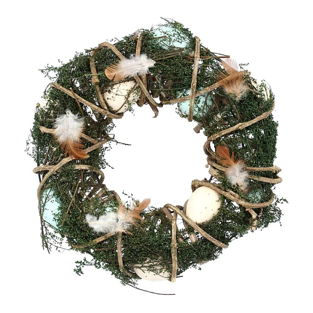 Easter Wreath Of Feathers, Eggs And Moss