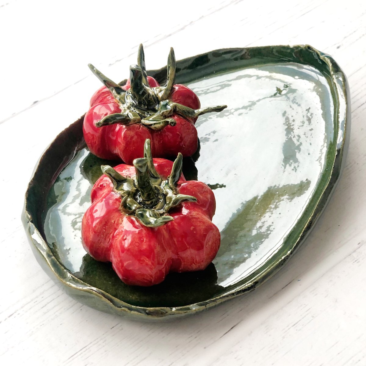 Handmade Ceramic Tomatoes on a Dish: Two Tomatoes on an Oval Dish