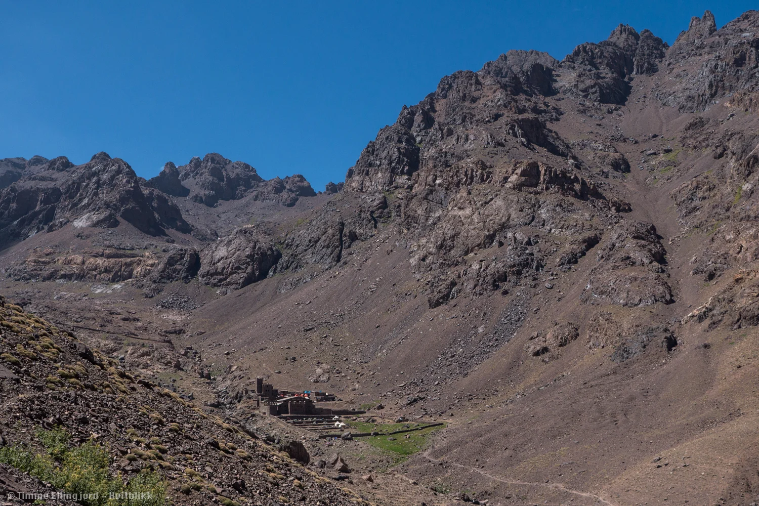 The french alpine clubs mountain refuge, at the foot of Jebel Toubkal. The refuge was taken by an avalanche some years ago, but are still an popular destination both winter and summer. 