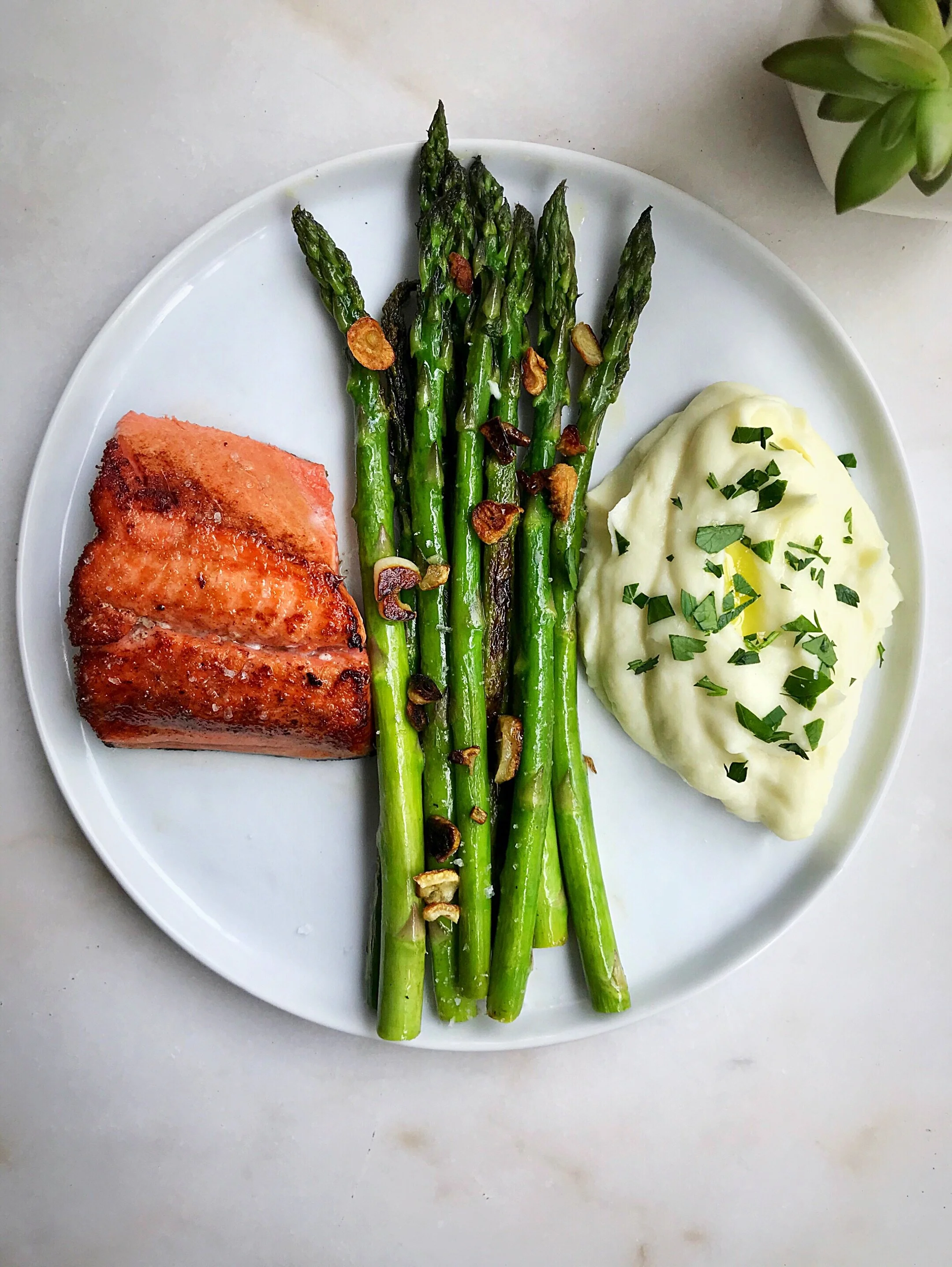 Salmon, Garlicky Asparagus, and Silky Parsnip Puree