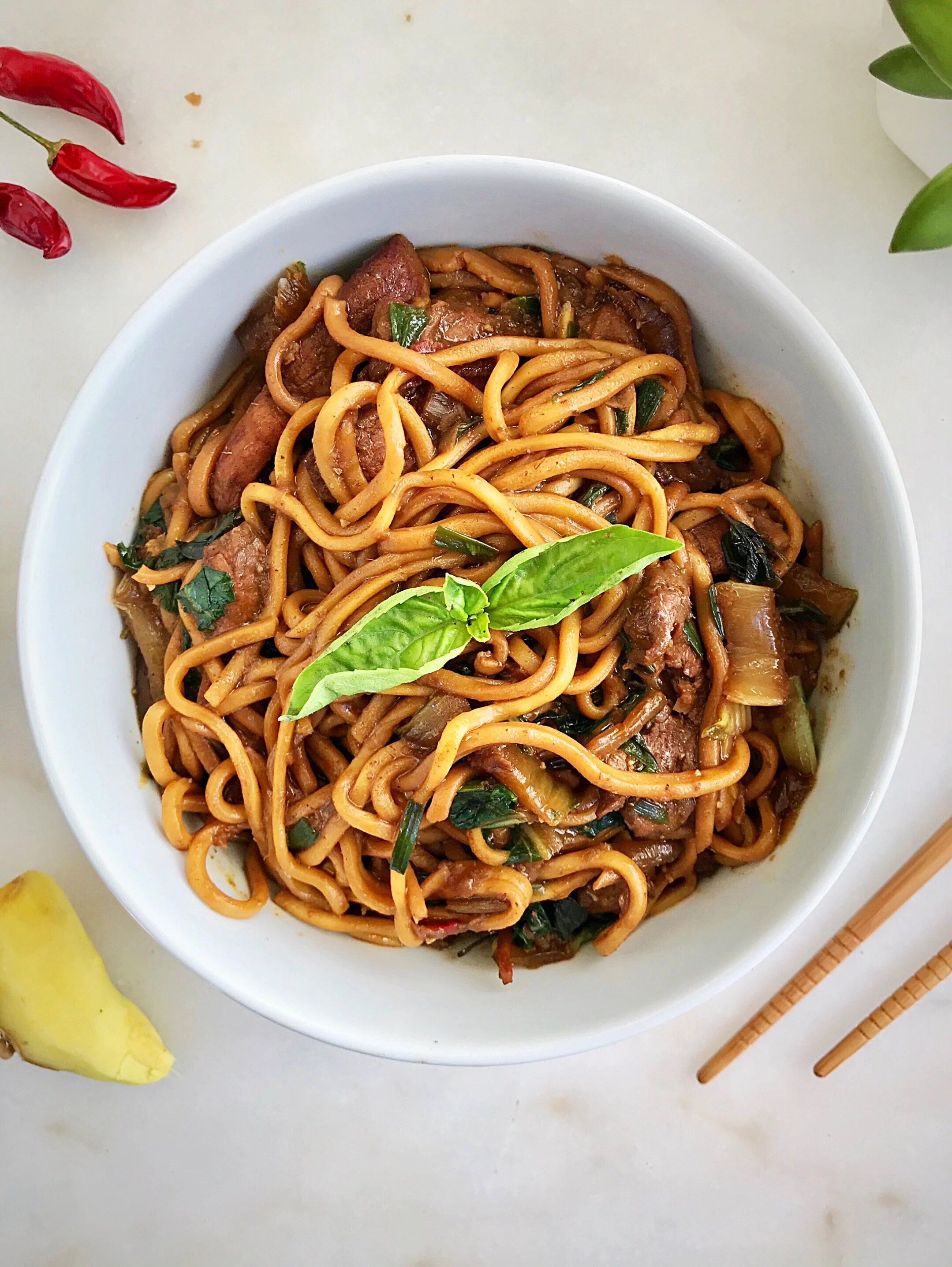 Hakka-Style Noodles With Pork and Thai Basil