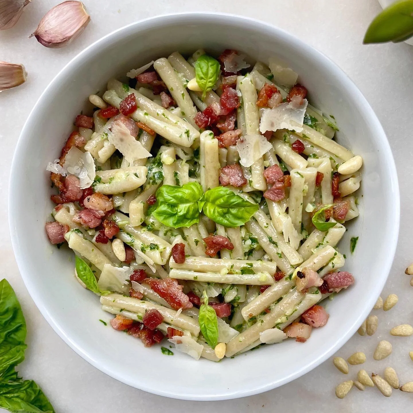 Pesto Pasta with Crispy Pancetta and Shaved Parmesan