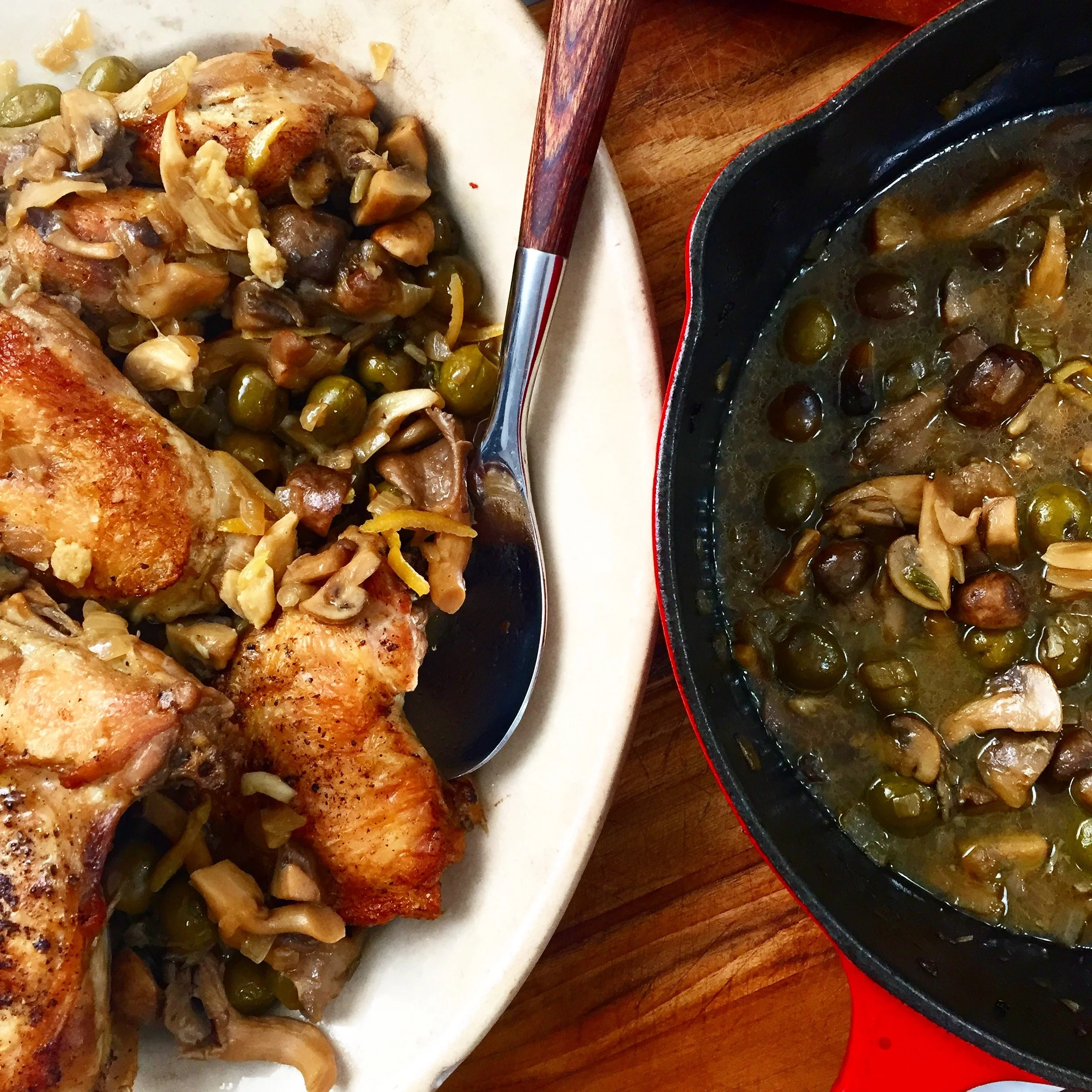 Chardonel-Braised Chicken Thighs with Olives, Garlic and Mushrooms