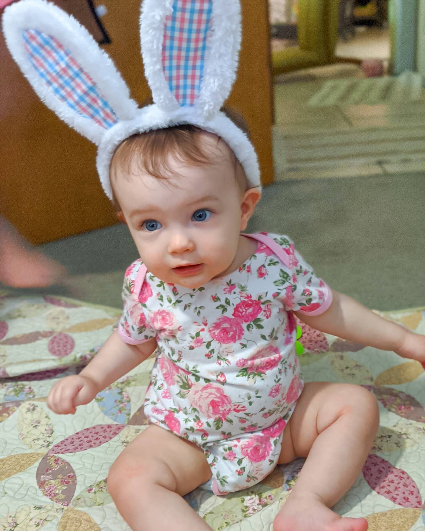 It took 30 pictures to get a decent one 😐.
We bought Brighton an Easter outfit a while ago, she'll wear it, but only mommy &amp; daddy will be able to see her in it...
.
Everything Easter is clearanced at Targ&eacute;t because bunnies-lay-eggs-day i