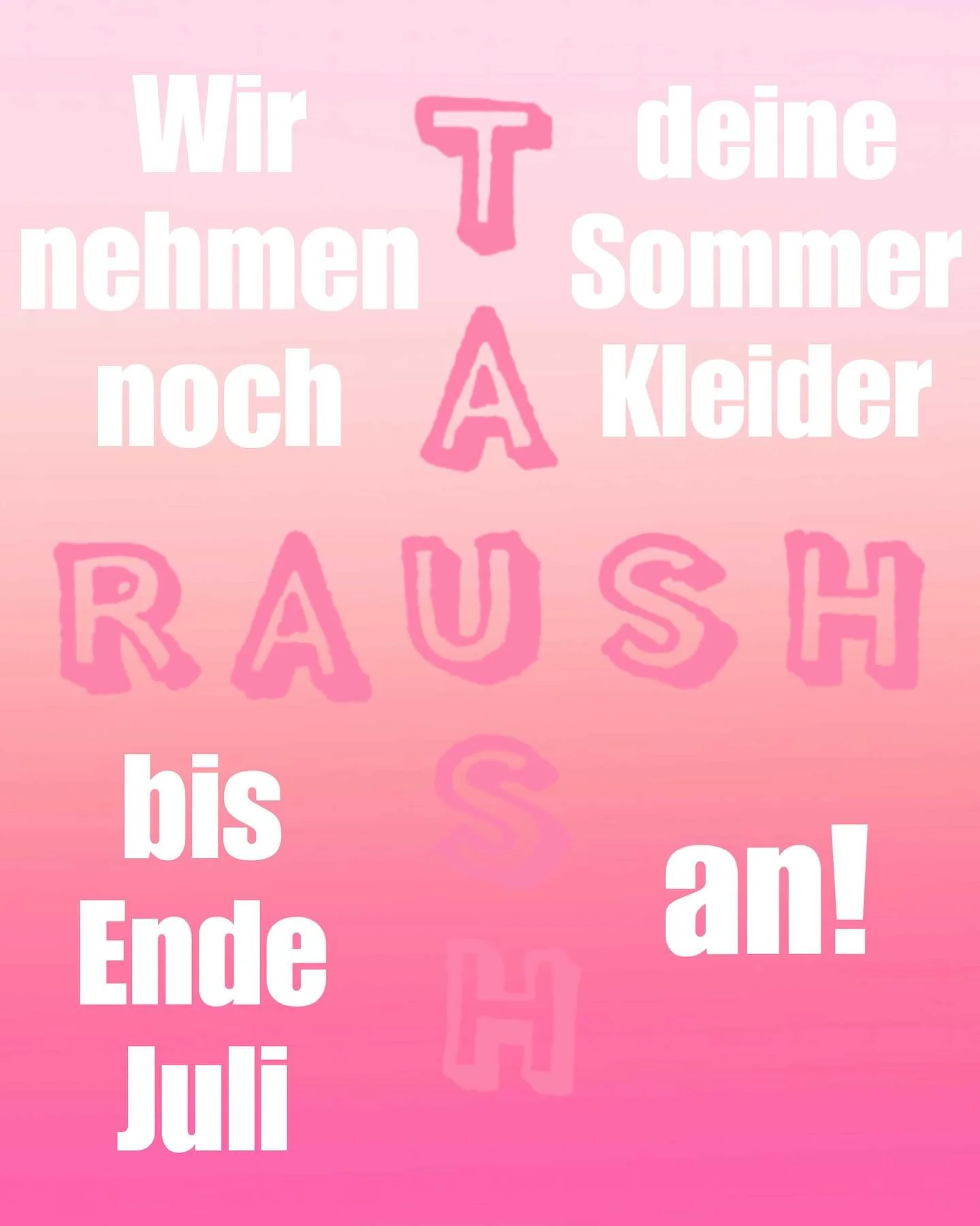 Liebe Taushrausch-Mitglieder
Wir nehmen eure Sommerkleidung noch bis Ende Juli entgegen.

Im August machen wir eine Annahmepause.
Ab September freuen wir uns auf eure Herbst-/Winterkleidung.

Wir w&uuml;nschen euch allen einen sch&ouml;nen Sommer und