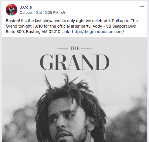 A J. Cole concert announcement on Facebook.