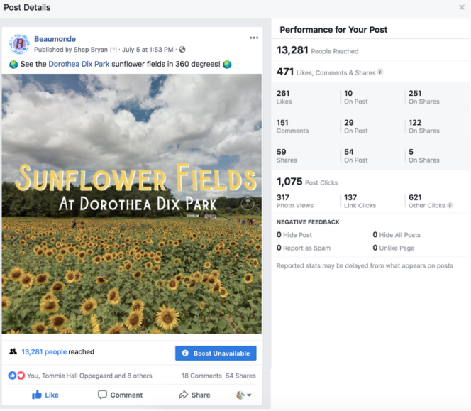 Dorthea Dix Sunfest 360° photo by Beaumonde on Facebook, with post stats shown.