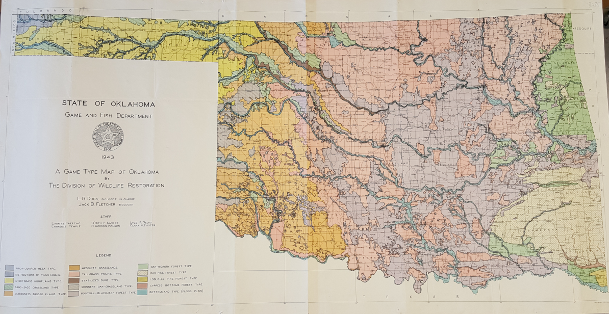 A Game Type Map of Oklahoma (Duck & Fletcher, 1943) – the Cross Timbers are indicated by a light purple hue. This copy was loaned from the Oklahoma State University Library Map Room.