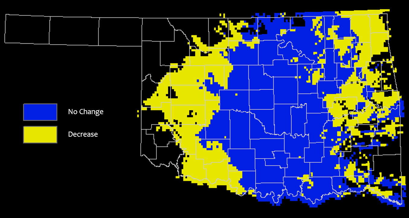Model Predictions: Red areas indicate sites that were predicted suitable in the 1950s, but are no longer predicted suitable. Blue sites were and remain suitable.
