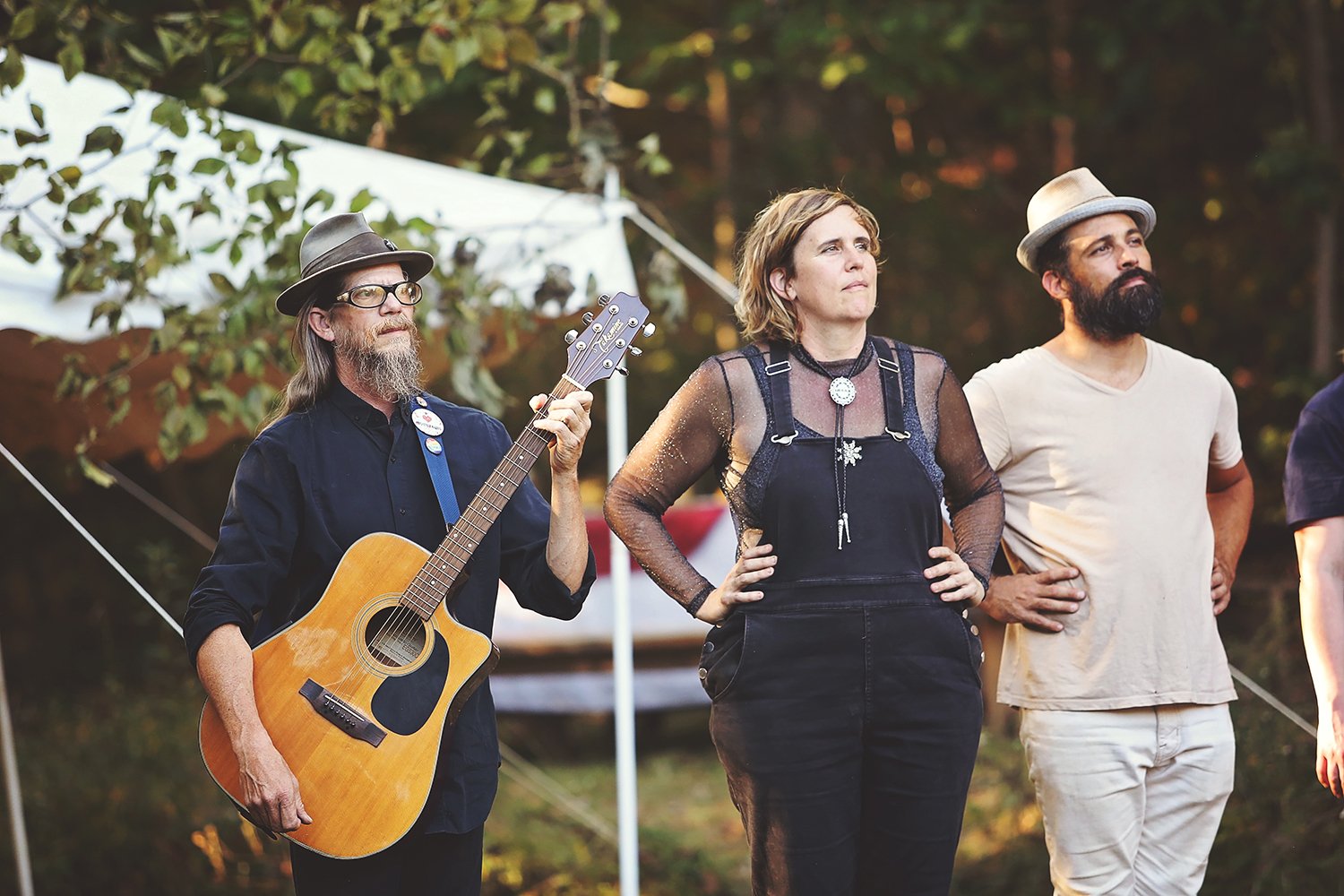  Closing circle for performance of Ezell: Ballad of a Land Man: Robert Rorrer, Nicole Garneau, and Nick Slie, Rockcastle, KY, October 2019. Photo: Erica Chambers. 