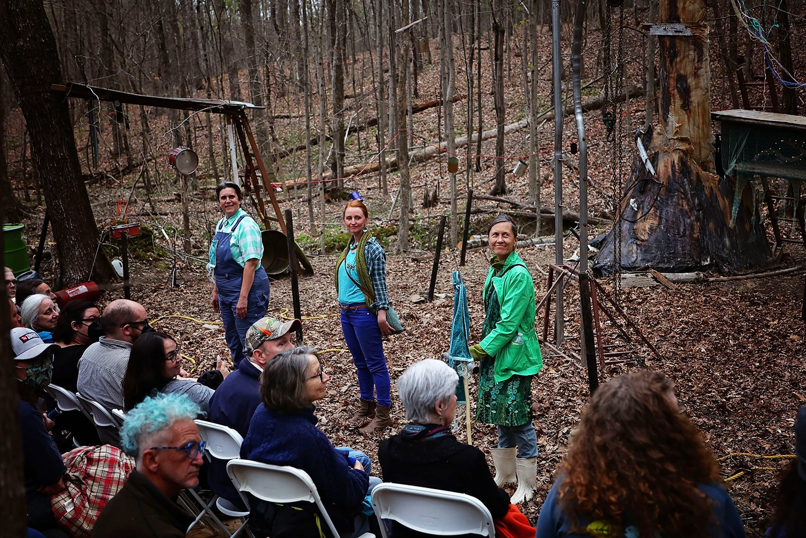  Singing as part of Ezell: Ballad of a Land Man. Nicole Garneau, Faye Adams-Eaton, and Lisa Shattuck, Berea College Forestry Center, March 2022. Photo: Erica Chambers.    