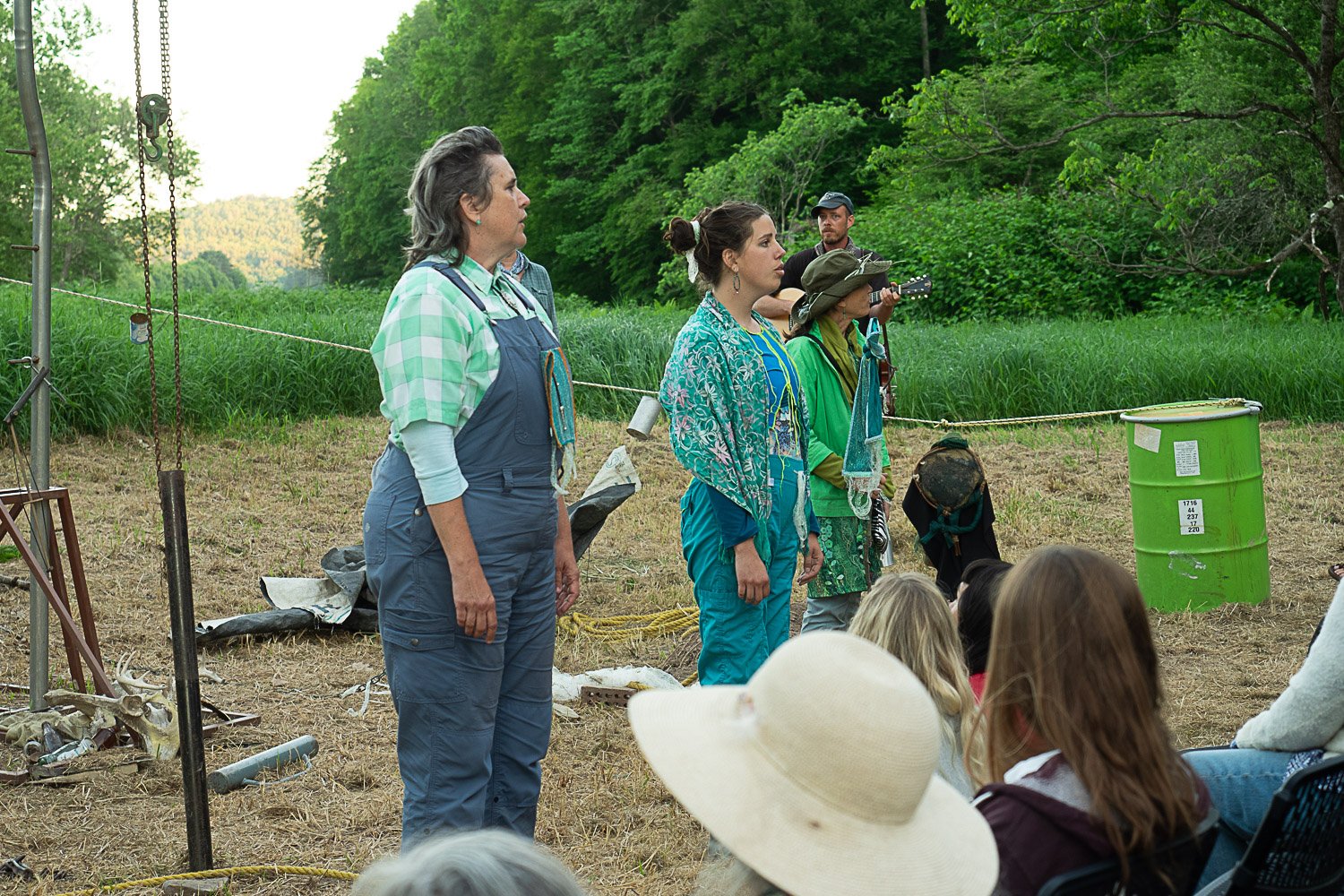  Singers &amp; musicians of Ezell: Ballad of a Land Man. Nicole Garneau, Hannah Burt, and Lisa Shattuck, June 2022 at Farm Arts Collective. Photo: Kent Fairfield. 