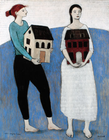 "women carrying houses"
