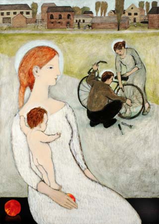 Mother and child with Saints fixing a bicycle