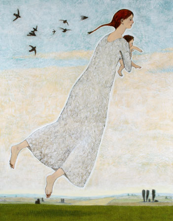"woman with infant flying"